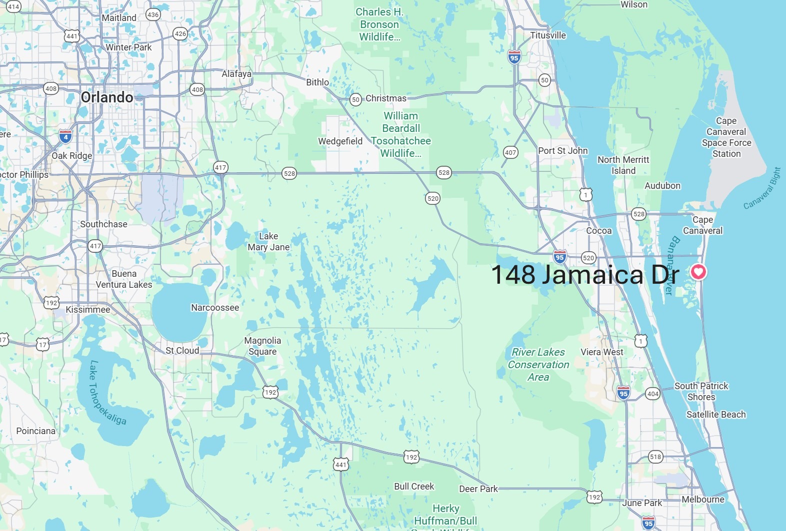 Wide map of Cocoa Beach, Florida showing the surrounding area